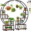 homegroove 2 pcs 6 Tier Tall Metal Plant Stand Indoor, Half Moon Shape Large Plant Shelf with Detachable Wheels, Curved Ladder Flower Pot Stand Rack for Home Patio Lawn Garden Balcony Round-Brown