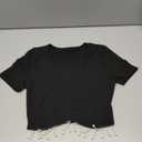 LYANER Women's Round Neck Short Sleeve Fringe Tassel Trim Hem Rib Crop Top Blouse Black X-Small