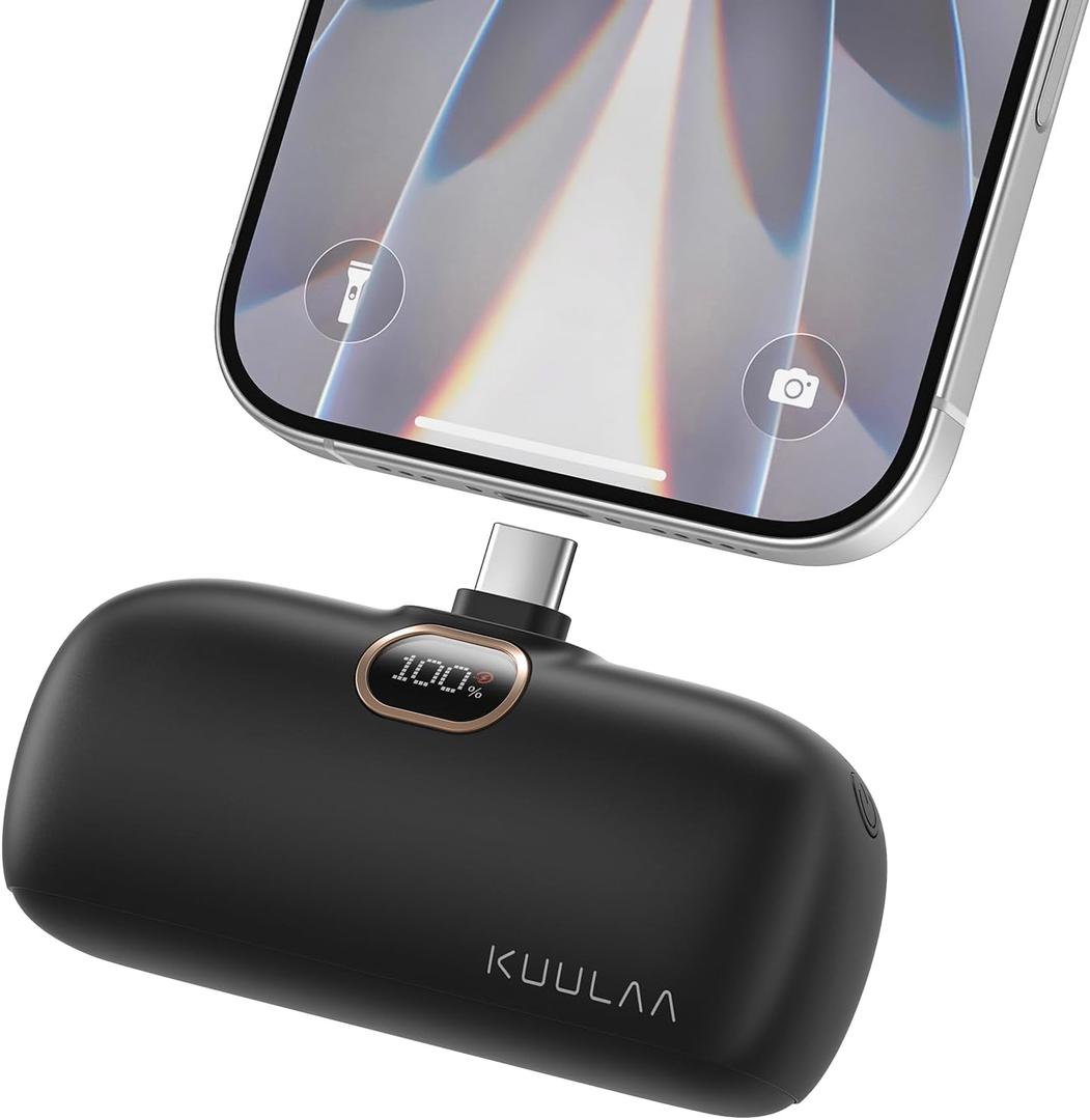 Kuulaa Portable Phone Charger with Built-in USB-C Plug, 5000mAh Mini Portable Charger Power Bank Small Battery Pack for iPhone 15/16/17 Samsung S24/S23 & Android (Black)