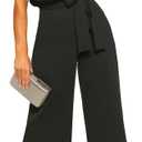 CHARTOU Women's Short Sleeve Bow Tie Wide Leg Cropped Capri Romper Palazzo Pants Jumpsuit (Black, M)