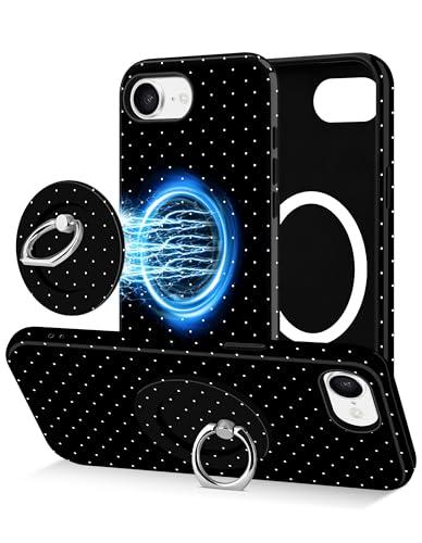 Jusy Compatible with Magsafe Polka Dot Phone Case for iPhone 16e/17e, Cute Aesthetic Magnetic Ring Holder Stand Case, Soft TPU and Hard PC Protective Phone Cover for Women Girls - Black Polka Dot