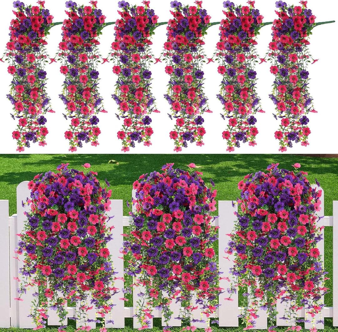Suncalla 6 Pcs Artificial Fake Hanging Flowers Plants for Outdoor Decoration Red Purple Faux Silk Morning Glory Long Vines Stems UV Resistant Look Real for Spring Summer Outside Home Porch Patio