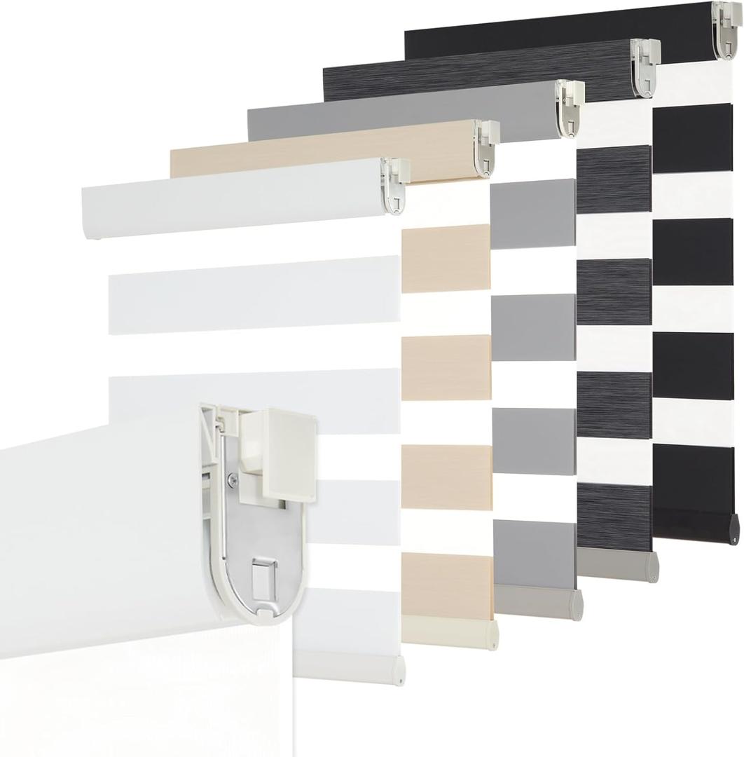 Persilux No Drill No Tool Custom Size Zebra Blind Dual Layer Privacy for Day and Night Window Blinds Light Filtering Cordless Windows Shades for Windows,Easy to Install Thermal Insulated Blinds,White