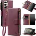 Shieldtop Compatible with Samsung Galaxy S23 Ultra 5G Wallet Case with Card Holder,Women Men RFID Blocking PU Leather Phone Case Flip Protective Cover Wrist Strap Zipper Credit Card Slots,Wine Red