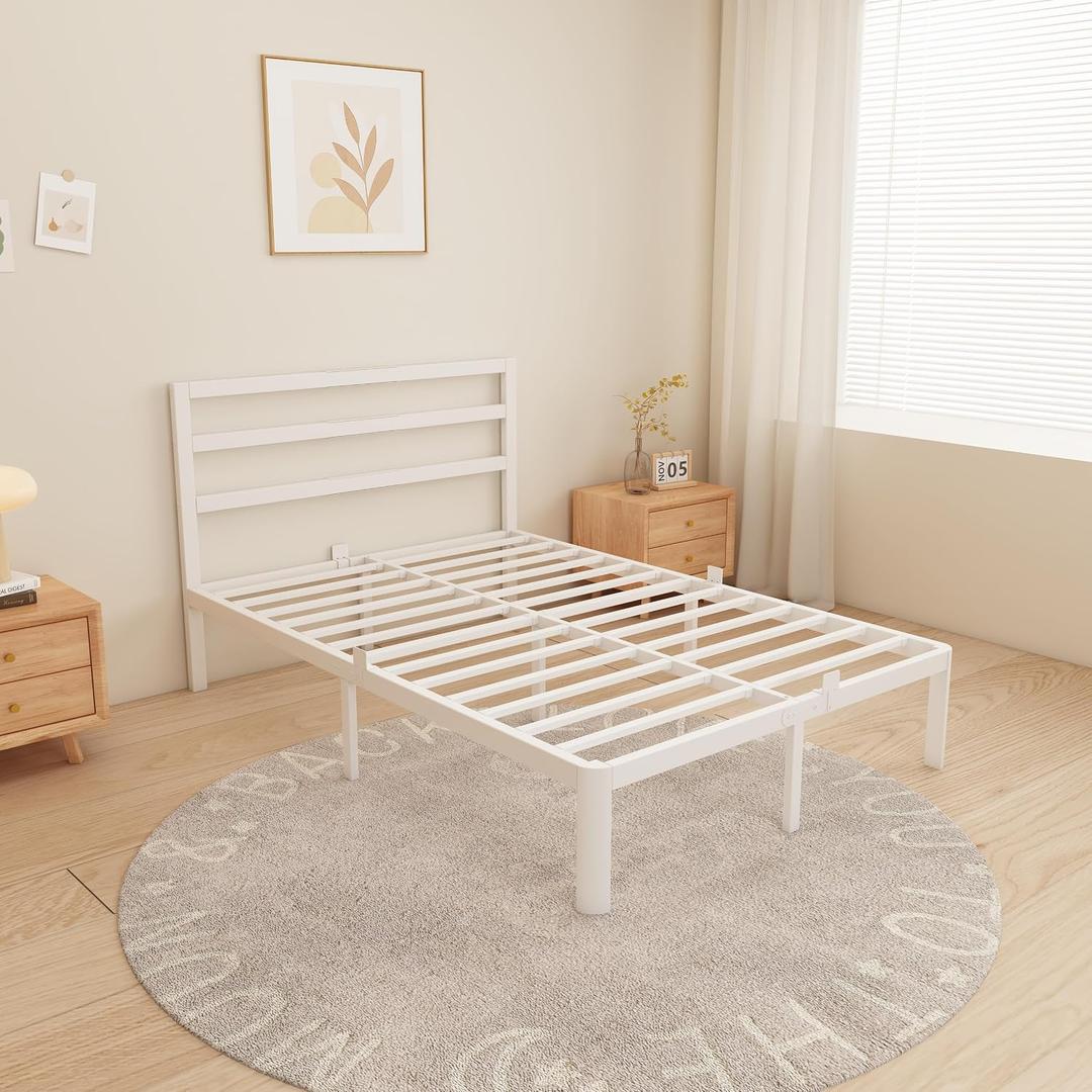 14 Inch Full Bed Frames, Metal Bed Frame with Head Board, No Box Spring Needed, Heavy Duty Steel, Anti-Slip Mattress Stoppers, Noise Free, Round Corner Legs, Easy Assembly, White