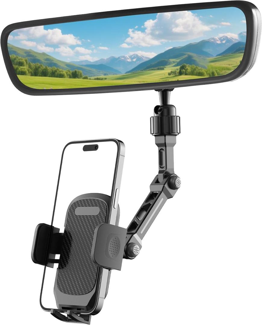 Rear View Mirror Phone Holder, Premium Aluminum Alloy Mount with Multi-Angle Adjustment, Rearview Mirror Phone Holder Mount For Car & Truck, Universal Accessories Compatible with All Cell Phone (One-Touch Auto Clamp Carbon Black)