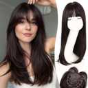 Hair Topper with Bangs for Women 20 Inch Layered Synthetic, Straight Clip In Topper with Simulated Scalp and 3 Clips, Adds Volume and Gray Hair Coverage for Thinning Hair, Natural Black