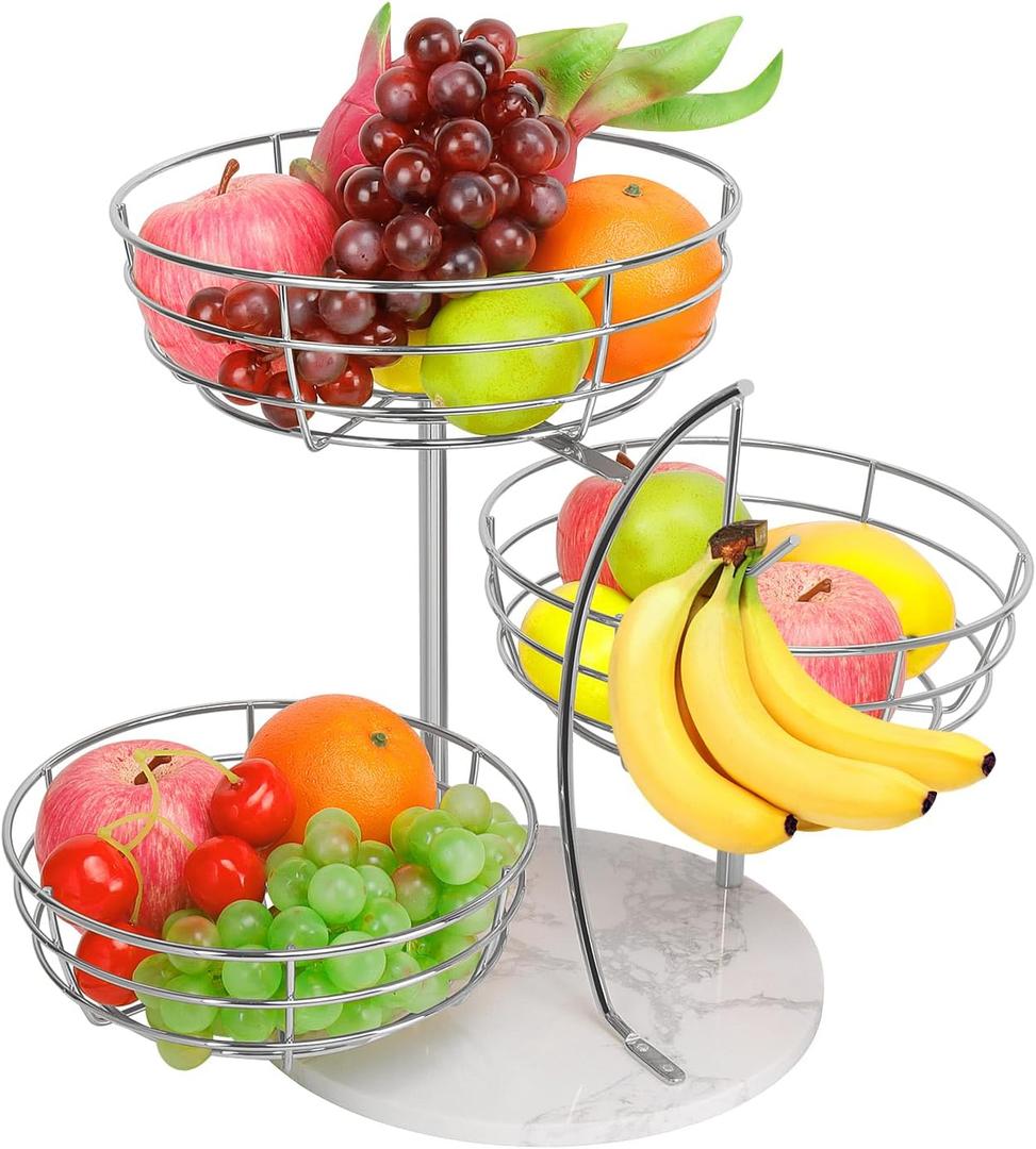 Livabber Fruit Basket Bowl with Banana Hanger, Metal Fruit Vegetable Storage Basket with Banana Holder for Kitchen Counter, Detachable Organizer for Bread Snack Produce (Chrome, 3-Tier Marble Base)