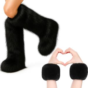 Berlune 2 Pairs Faux Fur Fuzzy Leg Warmers Furry Wrist Cuffs Fluffy Boot Covers for Women Girls Winter Christmas Costume (Black)