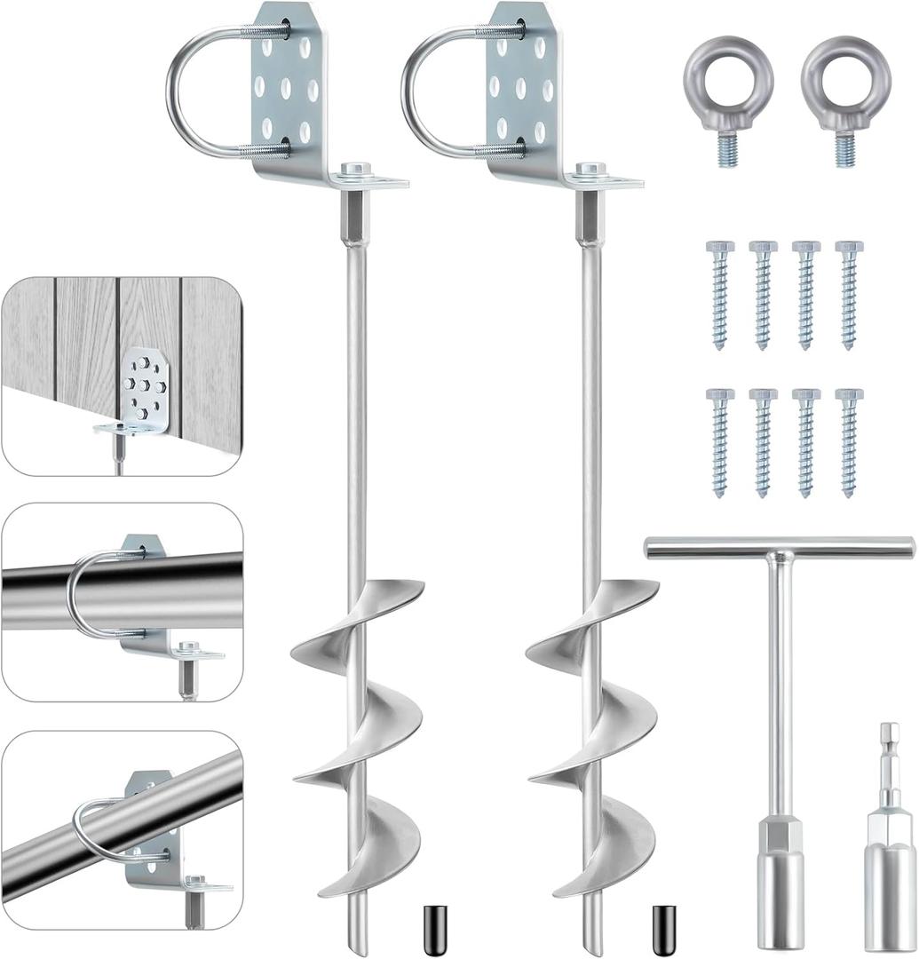 Swing Set Anchors 20" Heavy Duty Ground Anchors Screw in with L-Brackets & Drill Adapter, Fully Welded Spiral Earth Anchor for Storage Sheds, Trampoline, Fence, Carports