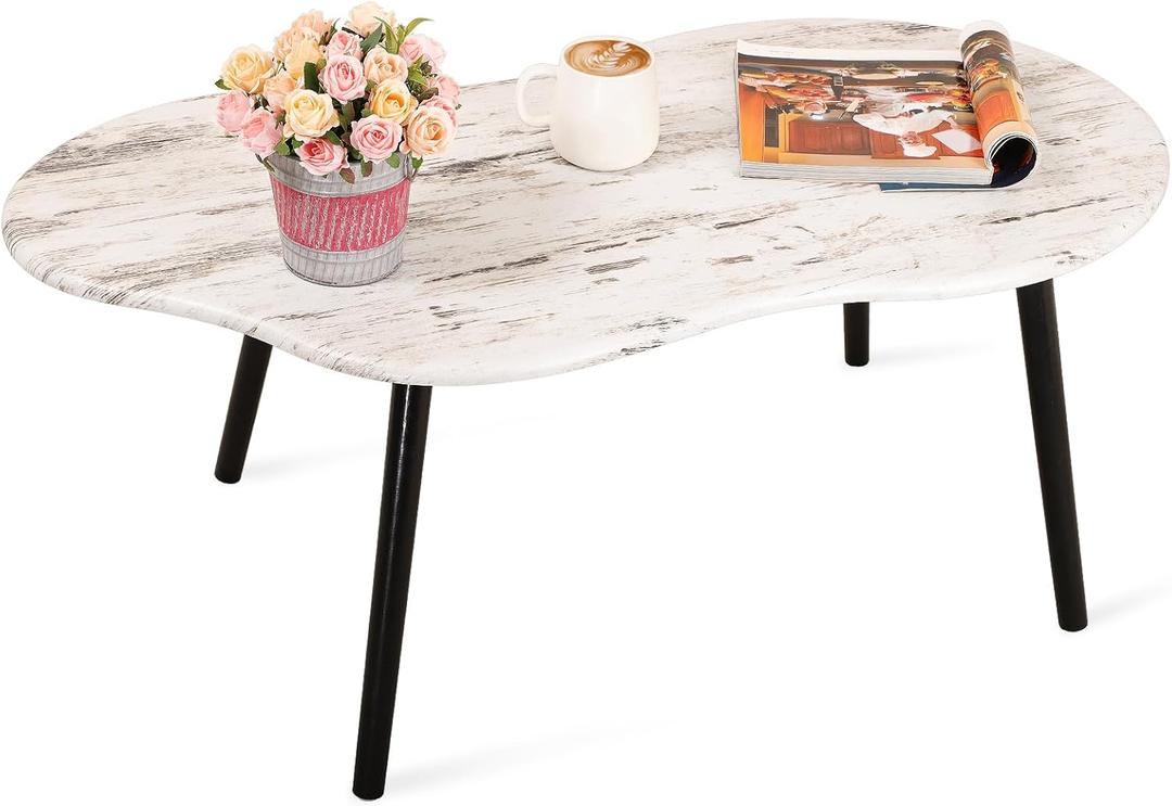 Small Coffee Table Cloud Shape Coffee Tables Unique White Wood Grain Tabletop Floor Table Farmhouse Rustic Decorative Center Sofa Table for Living Room Small Spaces