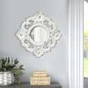 Handcarved Floral Wall Mirror Decoration, 11.8-inch Worn-Out White Country Wood Mirror, Used for Room Decoration, Home Decoration, Bedroom, Living Room, Bathroom, Kitchen