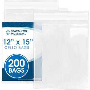 12" X 15" Self-Sealing Cellophane Bags (200 Count) Clear Poly Packaging for Clothing, Prints, Photos, Documents - Reinforced Resealable Cello Bags for Small Business Shipping - Spartan Industrial