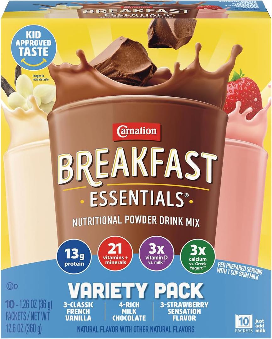 Nestle Carnation Breakfast Essentials Complete Nutritional Drink Rich Milk Chocolate/Classic French Vanilla/Strawberry Sensation Flavor 60 Ct (EXP 06/22/27)