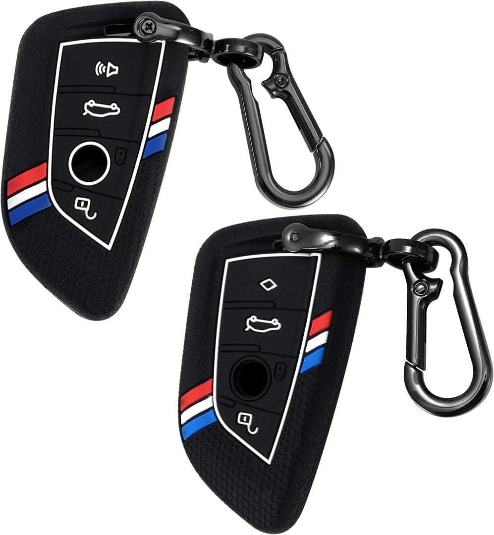2pcs Key Fob Covers, Striped Silicone Key Protector Shell with Keychain Compatible with 2015-2023 Luxury Car Models Fits Series 2 4 5 6 7 X1 X2 X3 X4 X5 X6