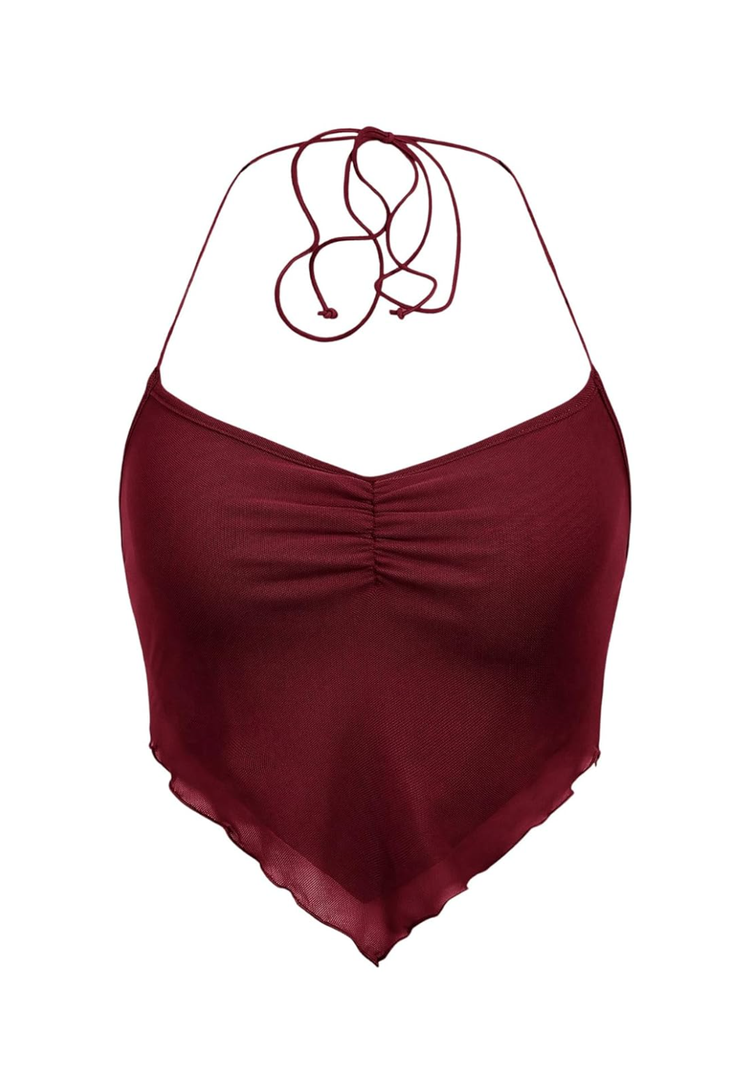 Floerns Women's Ruched Sleeveless Halter Neck Tie Back Hanky Hem Crop Cami Top, No Size Listed