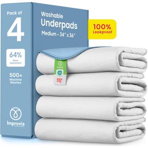 IMPROVIA Washable Underpads, Heavy Absorbency Reusable Incontinence Pads for Kids, Adults, Elderly, and Pets - Waterproof Protection Floor (White & Blue, 4 Pack - 34"x36")