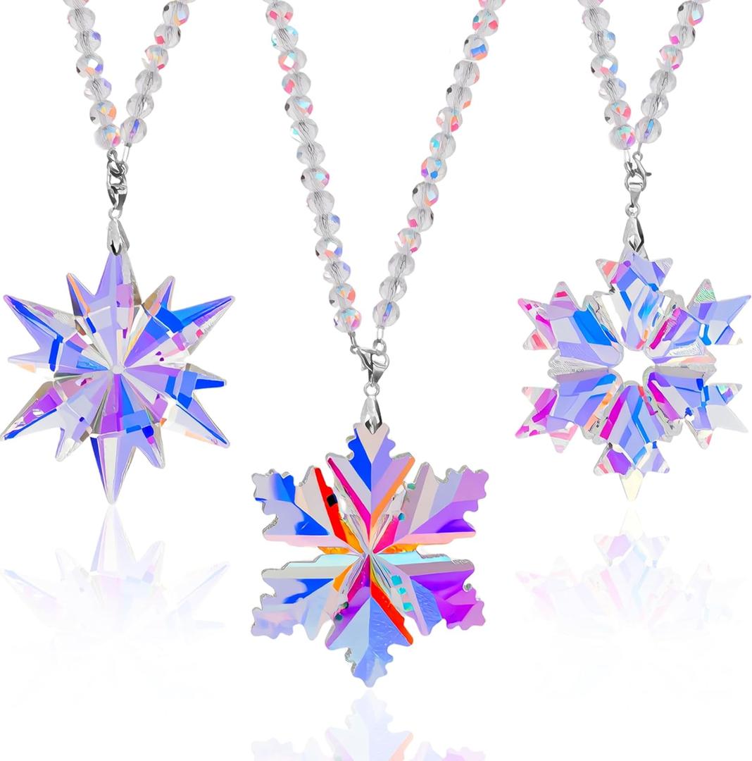 3 Pcs Crystal Star Snowflake Ornaments Colorful Snow Pendant Christmas Haning Decor for Christmas Tree Window Sun Catcher Home Decor (Multiple Colors)