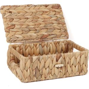 Wicker Shelf Baskets with Lid, Rectangular Storage Basket Bins with Handles Handwoven Home Desk Organizer Decor Boxes (Natural, X-Small)