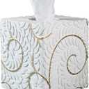 Square Tissue Box Cover Decorative Klenex Box Holder for Bathroom & Living Room with Handcrafted Texture (White&Gold), 5.5"L x 5.5"W x 5.5"H