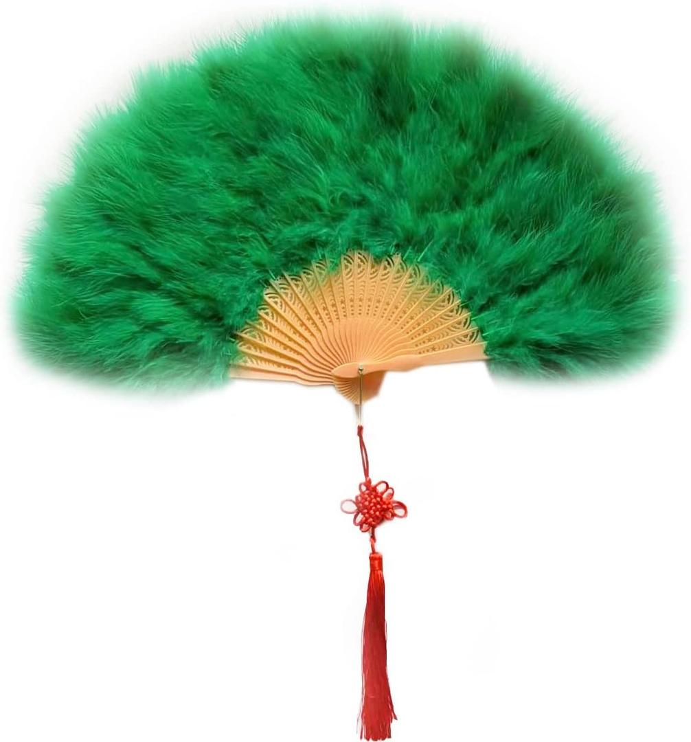 Huralona 1920s Vintage Style Folding Handheld Flapper Feather Hand Fan (Green)