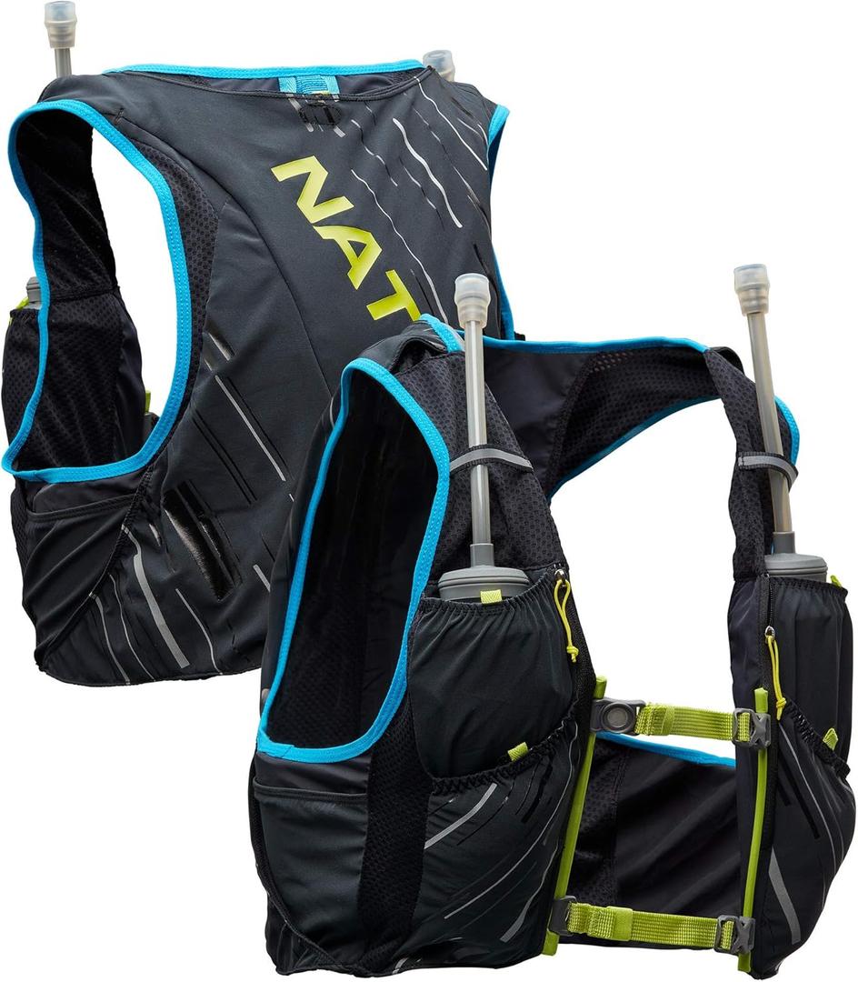 Nathan Men's Pinnacle Race Vest 4L Hydration Pack, Two 20 oz Soft Flasks, Running, Hiking, Water-Resistant, Moisture Wicking, Adjustable Straps (Black / Finish Lime)