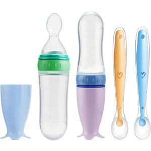PandaEar 2 Pack Baby Food Spoon Dispenser + 2 Silicone Baby Spoons| Baby Spoon Bottle Feeder| 4 oz Squeeze Spoon Feeder for Baby Food| Travel Friendly Kids Toddlers Boys Girl