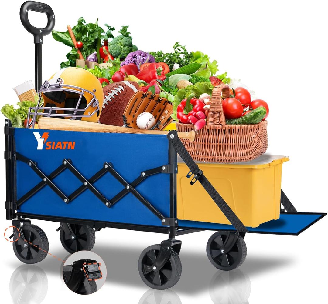 YSIATN Collapsible Folding Wagon Cart with Tailgate - 300lbs Heavy Duty Foldable Utility Wagon and Brake Wheels - 100L Lightweight Grocery Wagons for Shopping Camping Sports Garden, Blue