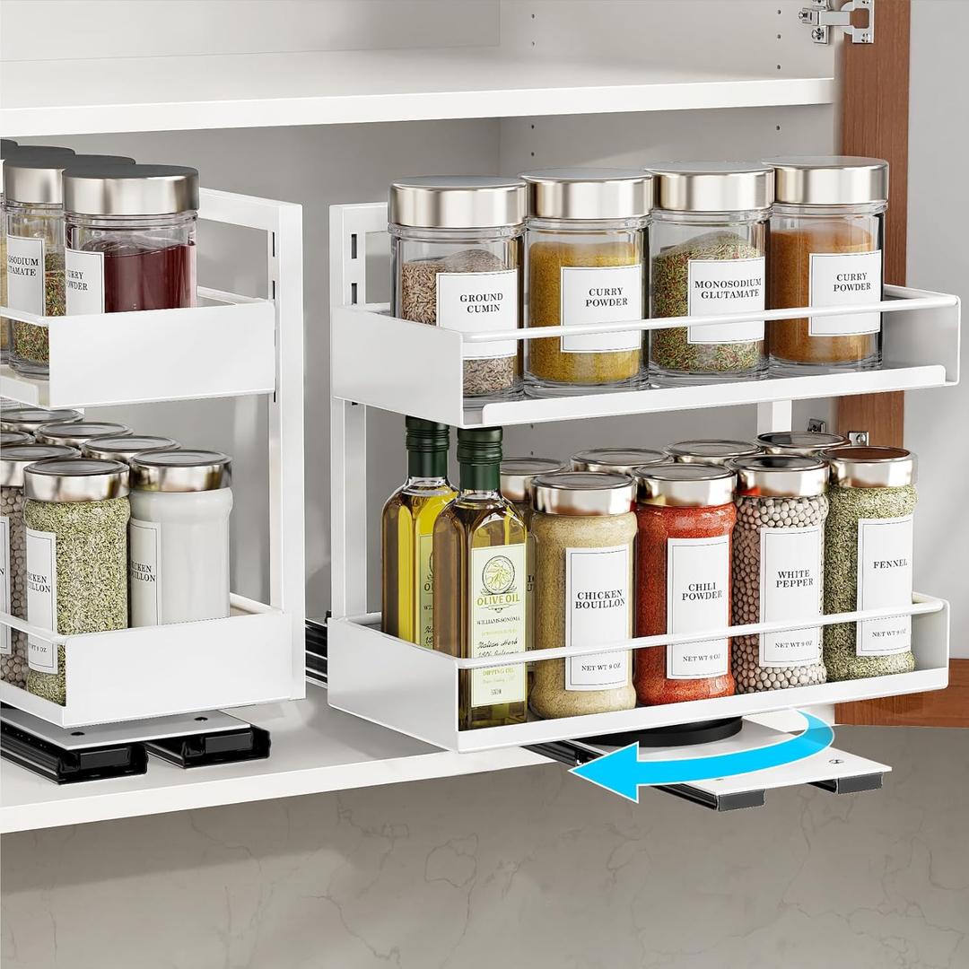 iSPECLE 2 Pack Pull Out Spice Rack - Rotate Peel and Stick No-Drill Vertical Spice Rack Organizer for Cabinet Easy Access Spices, Adjust Height for 4oz to 8oz Spice Jars, Fits Small Pantry Cabinet