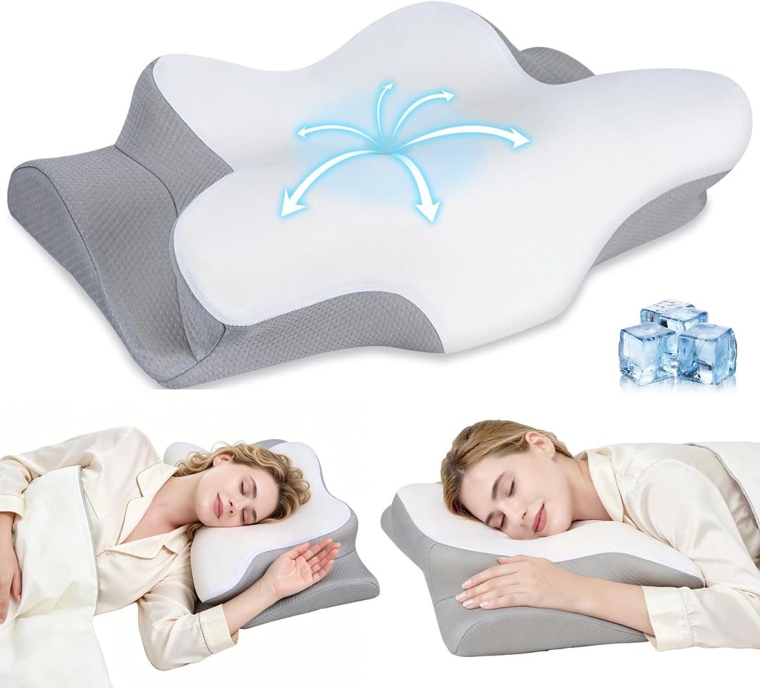 Cervical Neck Pillow, Memory Foam Pillows for Neck and Shoulder Pain Relief, 2 Heights Ergonomic Pillow with Breathable Ice Silk Cover, Neck Support Pillow for Side Sleepers,White, 24.8"×14.17"×3.54/4.72"
