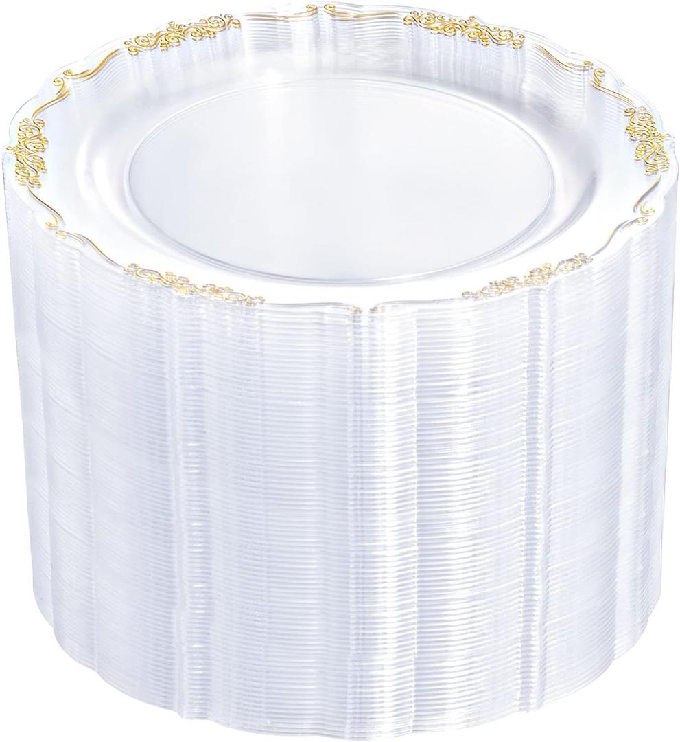 DaYammi 60PCS Clear Plastic Plates Heavy Duty Clear Disposable Plates 7.5 Fancy Gold Dessert Platos Small Cake Plates Appetizer Platos Hard Round Plastic Disposable for Wedding and Party