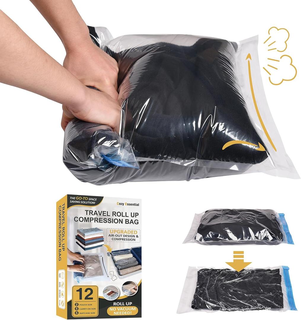 Compression Bags for Travel - Travel Essentials - 12 Pack Space Saver Bags - No Vacuum Needed - Compression Packing Bags for Cruise Accessories