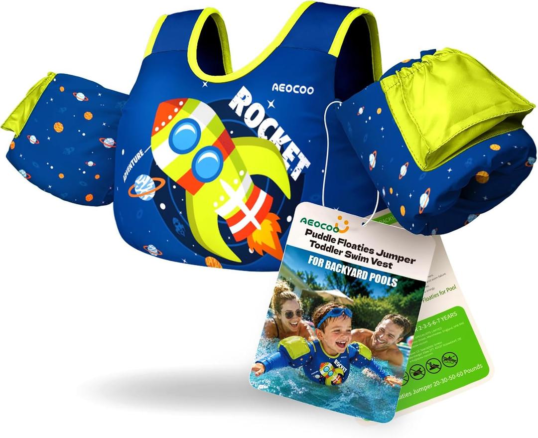 AEOCOO Toddler Swim Vest for 20-30-50-70 Pounds Kids, Puddle Pool Jumper for 1-2-3-5-7-9 Boys & Girls & Nios, Toddler Swim Aid Water Wings with Arm Floaties, Fun Patterns Float for Swimming Pool