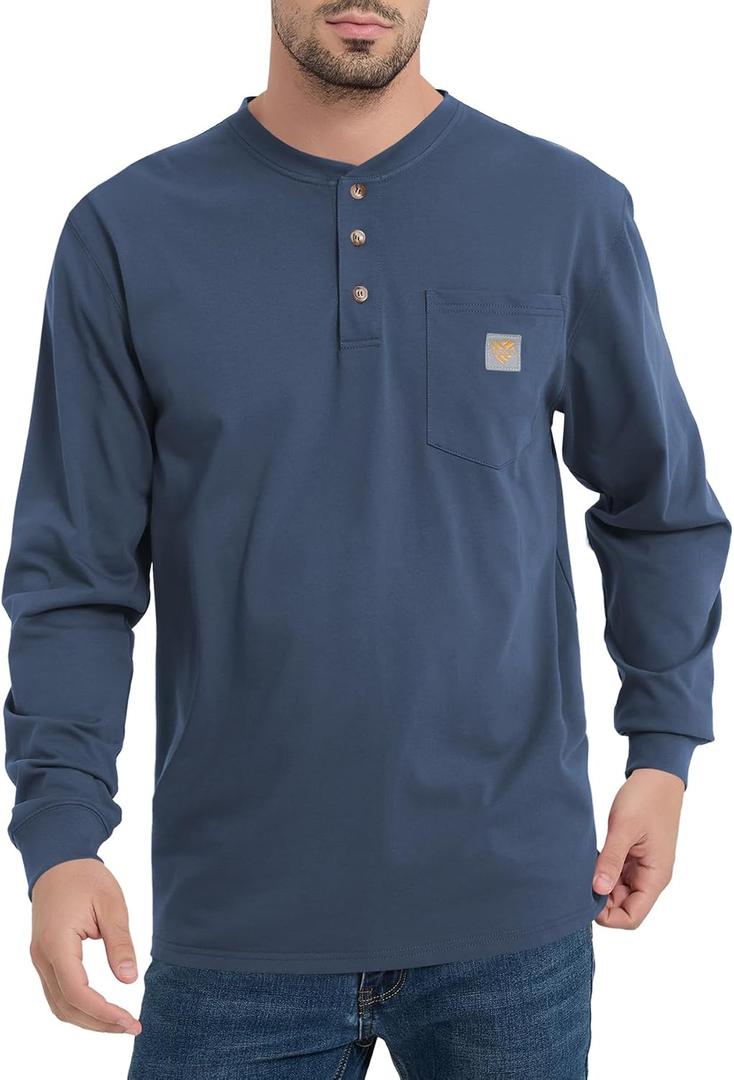 Men's Loose Fit Heavyweight Work Long Sleeve Henley T-Shirts Workwear Pocket Tee (Blue, XXL)