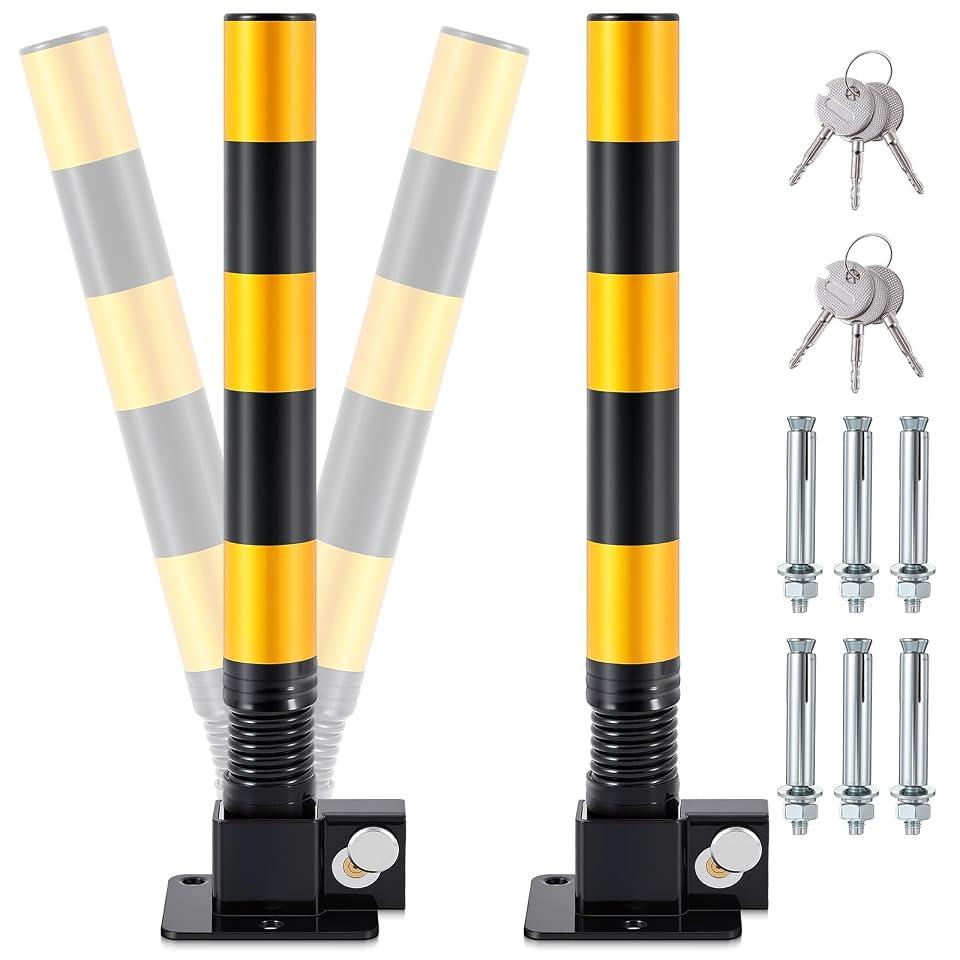 Zonon 2 Pcs Spring Parking Post Barrier, Folding Heavy Metal, Lock, Black