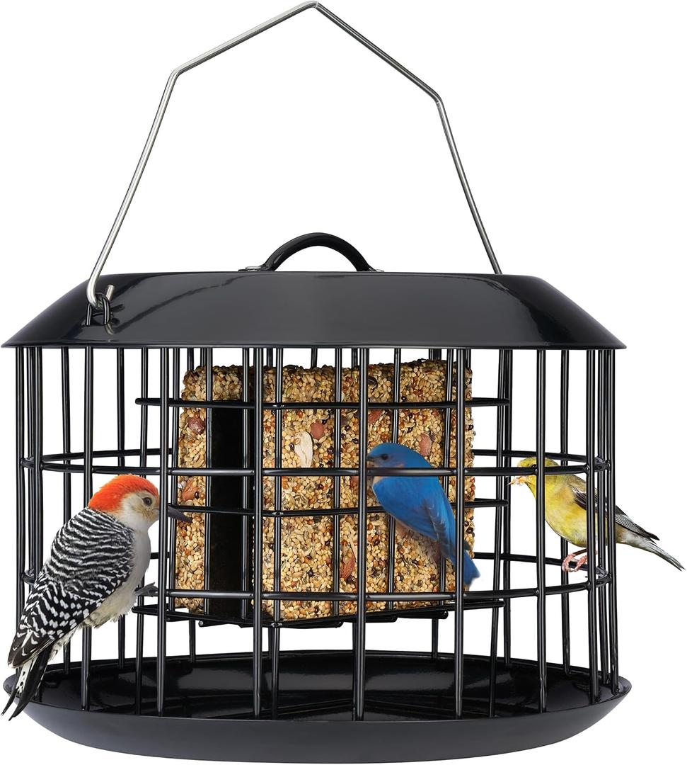 Kingsyard Squirrel Proof Suet Feeder, Cage Bird Feeders for Outdoors Hanging, All Metal, Double Suet Cake Capacity, Tray & Weatherproof, Black