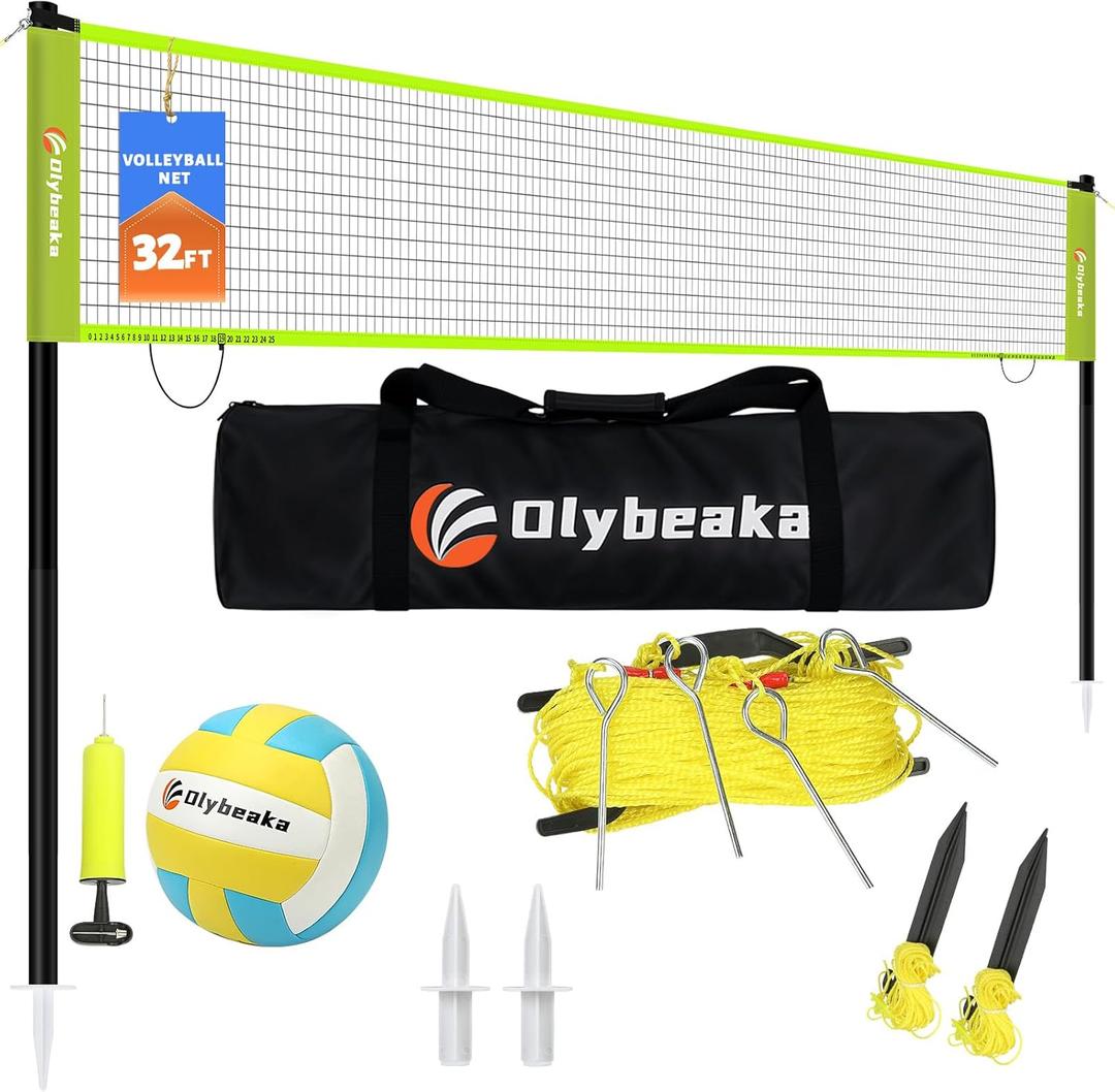 32ft Regulation Size Portable Outdoor Volleyball Net Set System for Backyard Beach with Height Adjustable Poles, PU Volleyball and Pump, Carry Bag, Boundary Line - Easy Set Up & Anti-Sagging