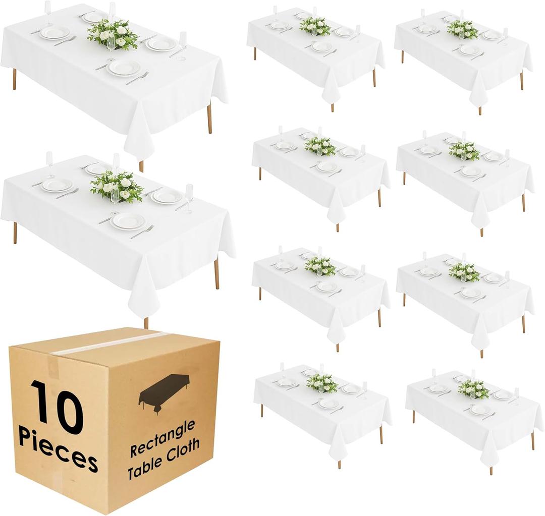 10 Pack 90 x 132 Inch White Rectangle Tablecloth, Polyester Fabric Washable Table Cloth for Home, Party, Wedding or Restaurant Use.