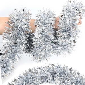 50 Ft Silver Christmas Tinsel Garland - Metallic Twist Shiny Hanging for Tree Decorations, Xmas Holiday, Home Indoor Outdoor Party Supplies Decor