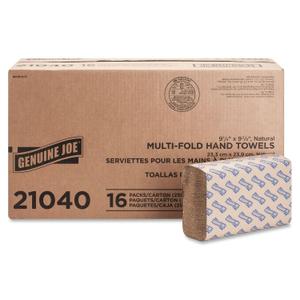 Genuine Joe Multifold Paper Hand Towels, 1-Ply Kraft, 9.25" x 9.4", 100% Recycled, 250 Count Per Pack (16 Pack, 4,000 Total Sheets) - Commercial Washroom & Restroom Supplies