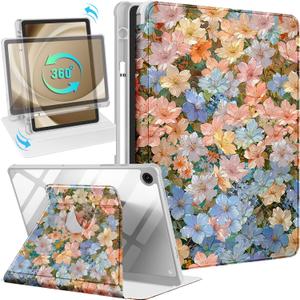 for Samsung Galaxy Tab A9+ Case - 360 Rotating Stand Folio Smart Cover with Pencil Holder for Women Girls, Beautiful Flowers for Samsung A9 Plus Tablet Case 11 inch, SM-X210/X216/X218