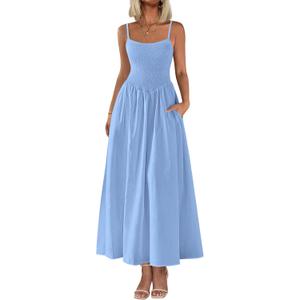 PRETTYGARDEN Women's Smocked Maxi Dresses 2025 Summer Beach Sundress Casual Spaghetti Strap Swing A Line Long Flowy Dress (Light Blue, Large)