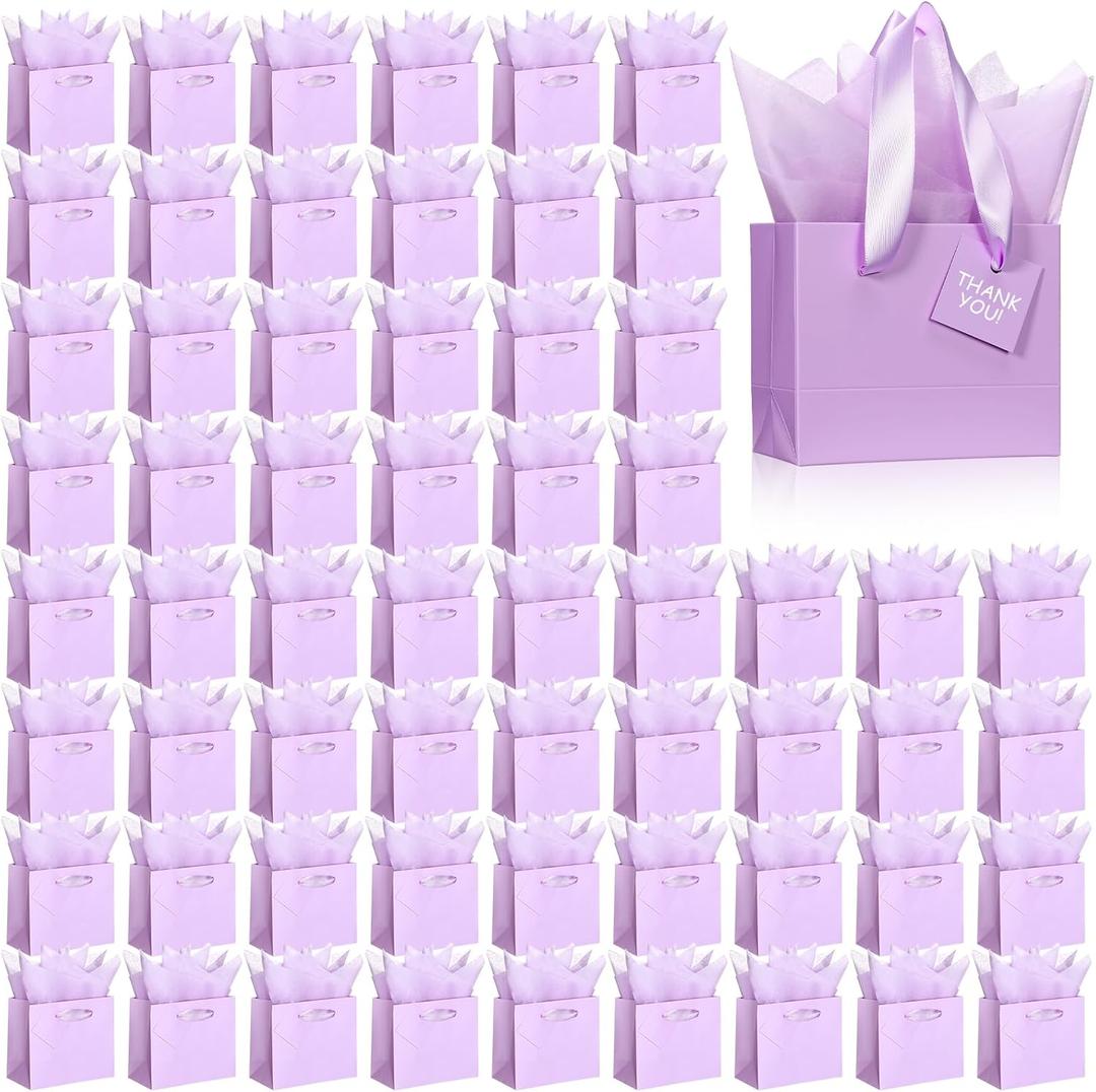 Qilery 50 Pcs St Patricks Paper Gift Bags Bulk with Tissue Paper Small Gift Bags with Handle and Tags for Birthday Wedding Mothers' Day Party Business(Light Purple,4.7 x 2.4 x 3.9'')