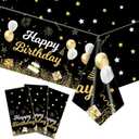 MRJ 3 Pack Gold and Black Happy Birthday Tablecloths 54"x108" Star Birthday Table Cover for Kids Boys Girls Baby Shower