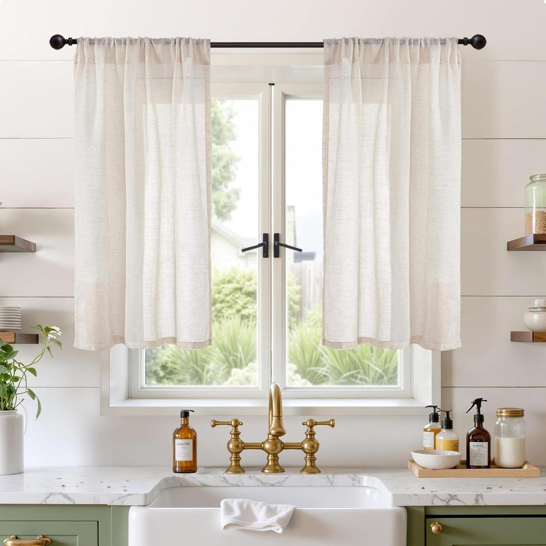 BGment Oatmeal Linen Curtains 40 Inch Length for Kitchen Cafe Window - Half Window Drapes Semi Sheer with Rod Pocket Light Filtering for Bathroom Lightweight, 2 Panels Set, 30 X 40 Inch