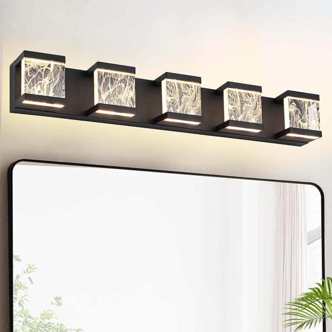 MELUCEE LED Bathroom Lighting Fixtures Over Mirror 5 Lights Black LED Vanity Lighting with Unique Smoke Acrylic Panel Modern Led Bathroom Light Bar, 25W 3000K Warm Lighting