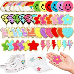 48 Pcs Iron on Patches Self Adhesive Chenille Patches for Backpacks Applique Patches Rainbow Heart Smile Face Star Flower Paw Embroidered Patch for Clothing Fabric Jackets Jeans Repair (Vivid Style)