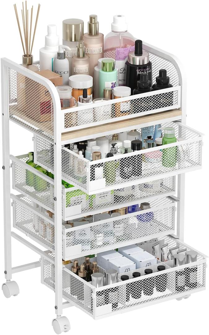 Makeup Organizer with 4 Drawers, Skincare Storage, Floor Skincare Organizers with Wheels Nameplates, Vanity Cosmetic Holder for Perfume, Nail Polish, Brushes, White