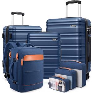 Luggage Sets 7 Piece, 20/24/28in Hardside Suitcase With Spinner Wheels, 20 Inch Carry On Luggage Airline Approved, Durable Suitcase Sets with TSA Locks for Travel (Blue)