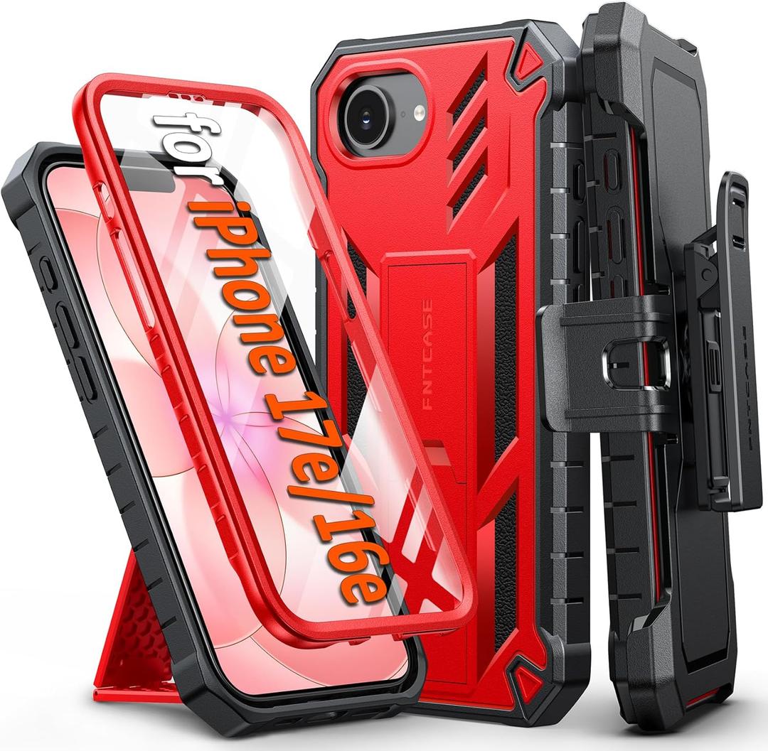 FNTCASE for iPhone 17e Phone Case: for iPhone 16e Case Military Grade Rugged Case with Kickstand & Holster | Shockproof TPU Protection Bumper Matte Textured Design | Heavy Duty Protector Red